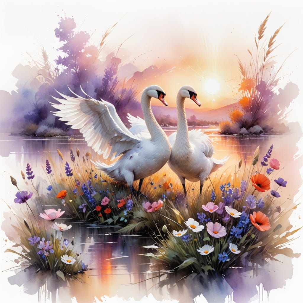 Sunset River Scene with Swans and Wildflowers