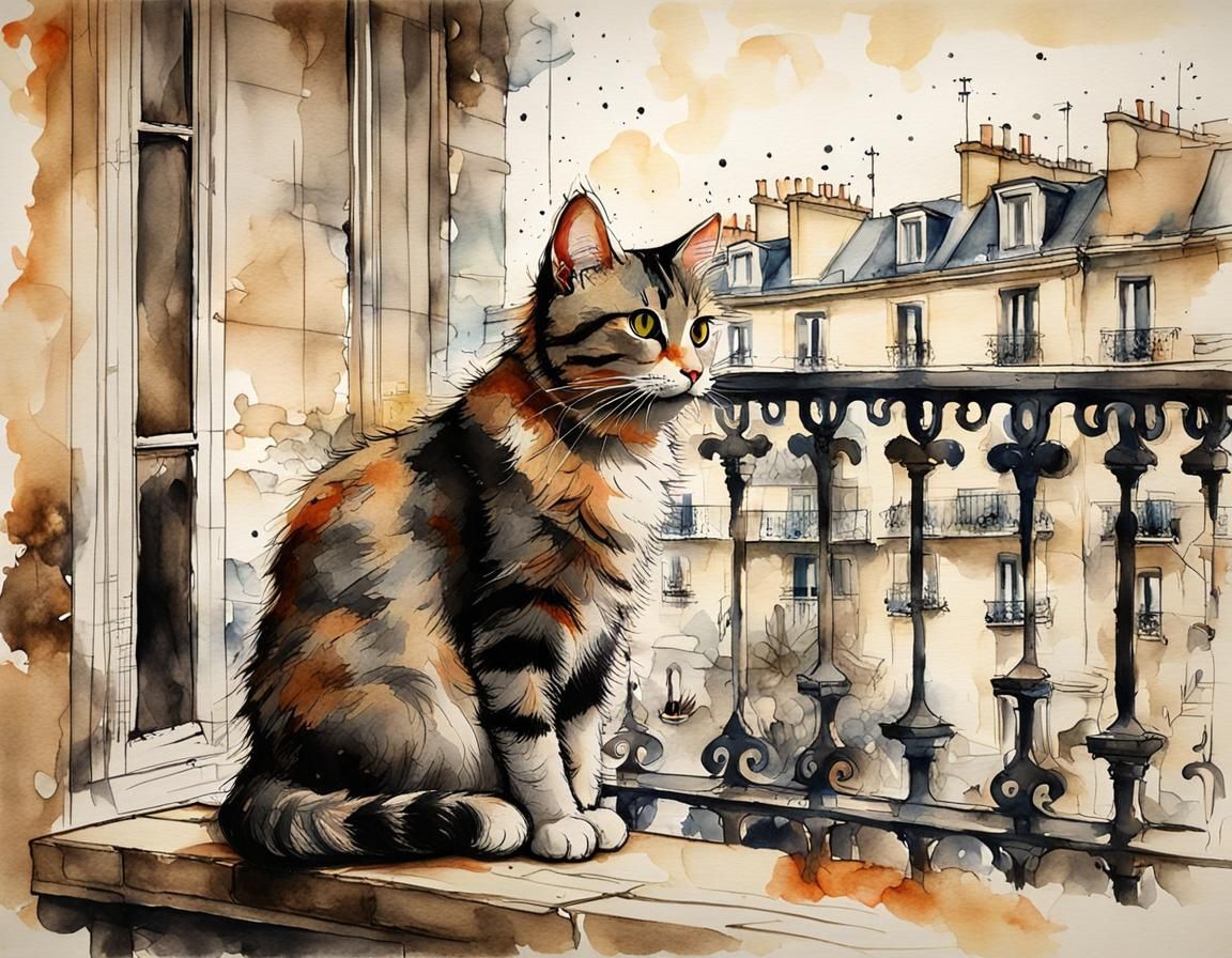 Parisian Stray Cat Portrait in Ink and Watercolor