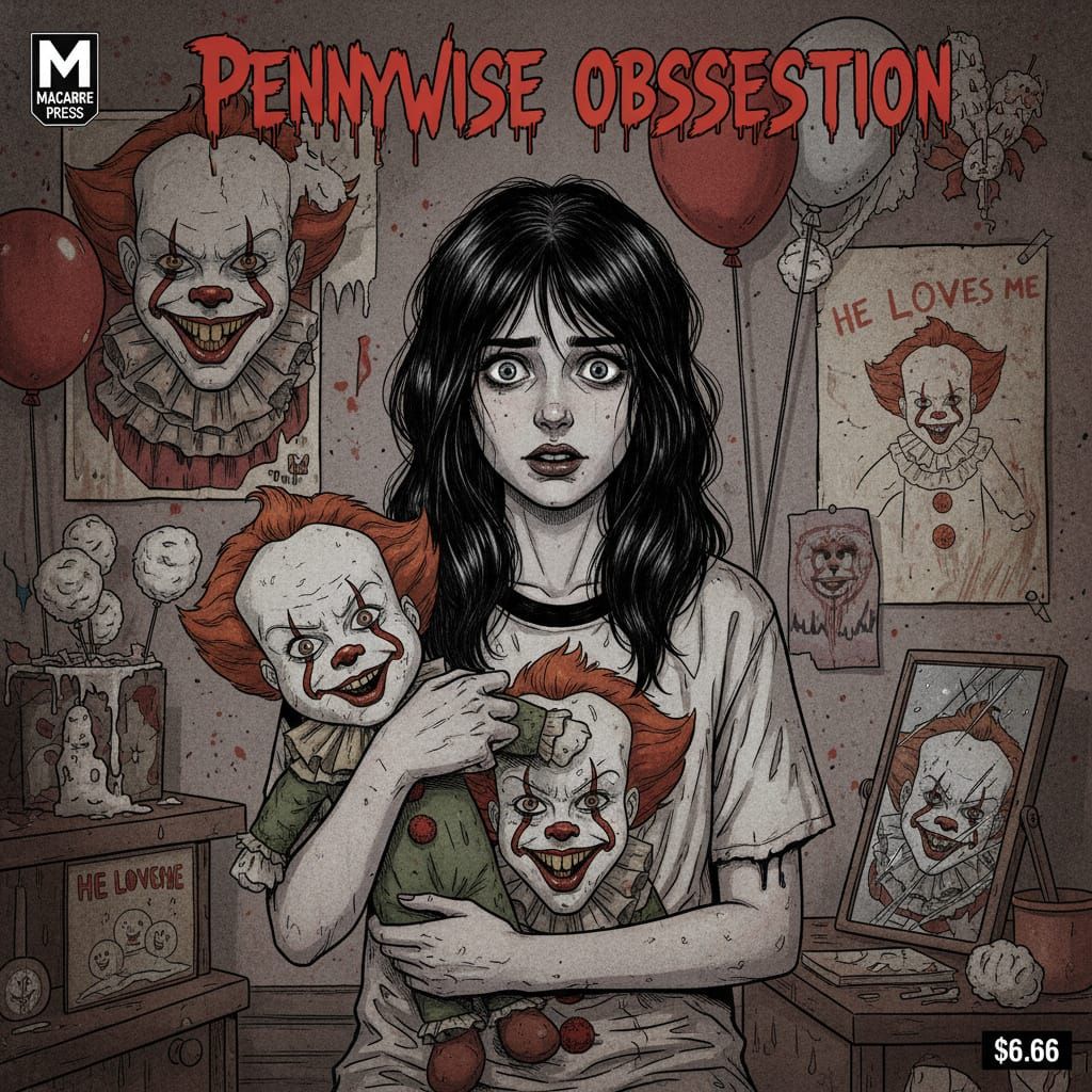 Horror Comic Front Page: Young Woman with Pennywise Interest...