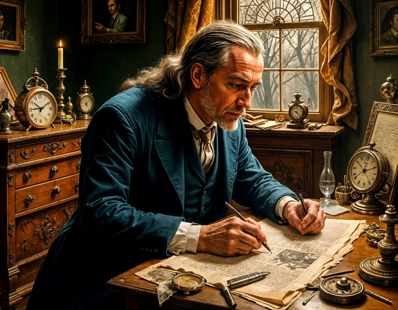 Surreal Man with Clock Face Writes of Time and Memory