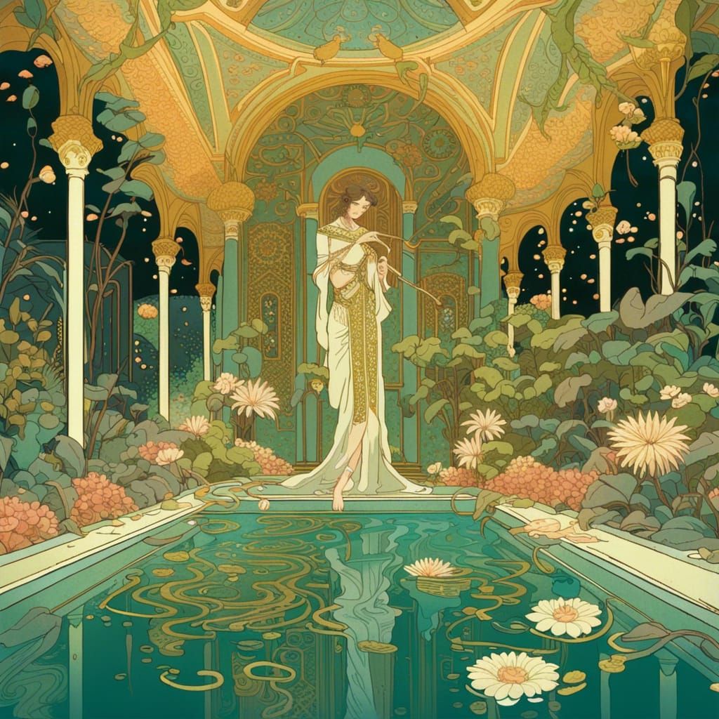 Floral Roman Bath Scene in Art Nouveau Style