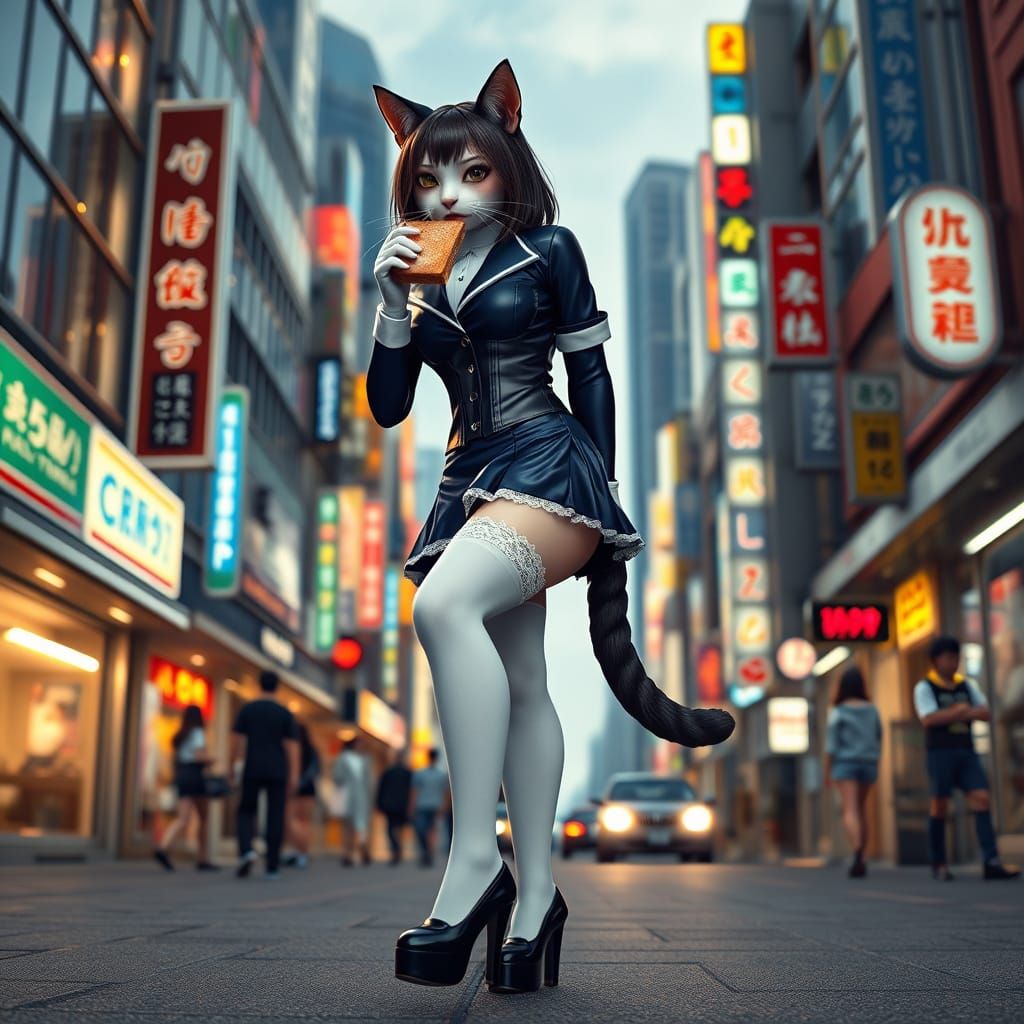 Sleek Cat Girl in Japanese School Uniform on Tokyo Street