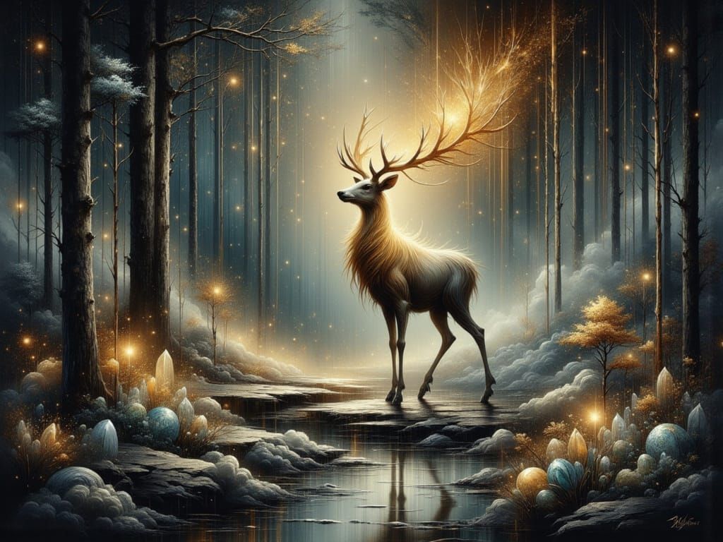 Starlight Deer in Enchanted Forest, Watercolor Style