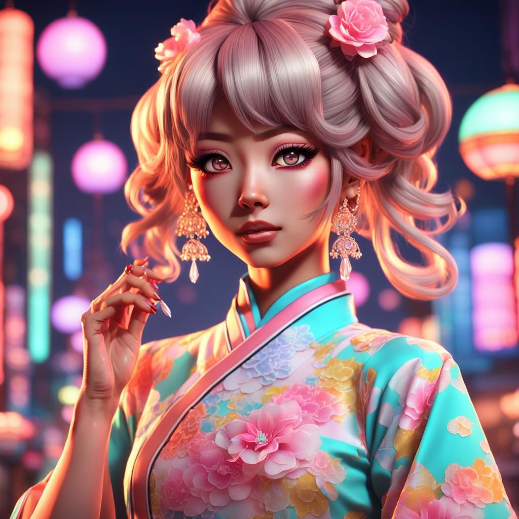 Gyaru Princess in Qipao: Anime-Inspired 3D Art
