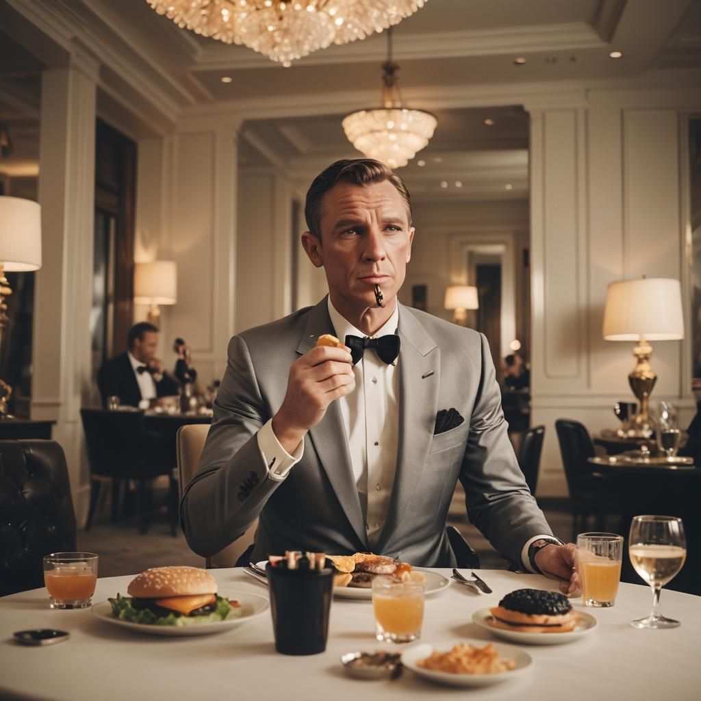 James Bond's Luxurious Burger Break: Cinematic Film Still