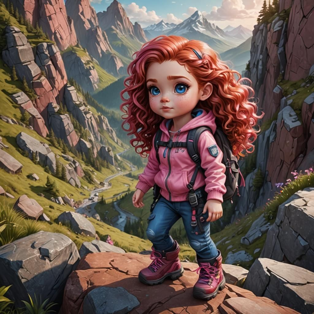 Chibi Girl Climbs Mountain in Ink Drawing Style