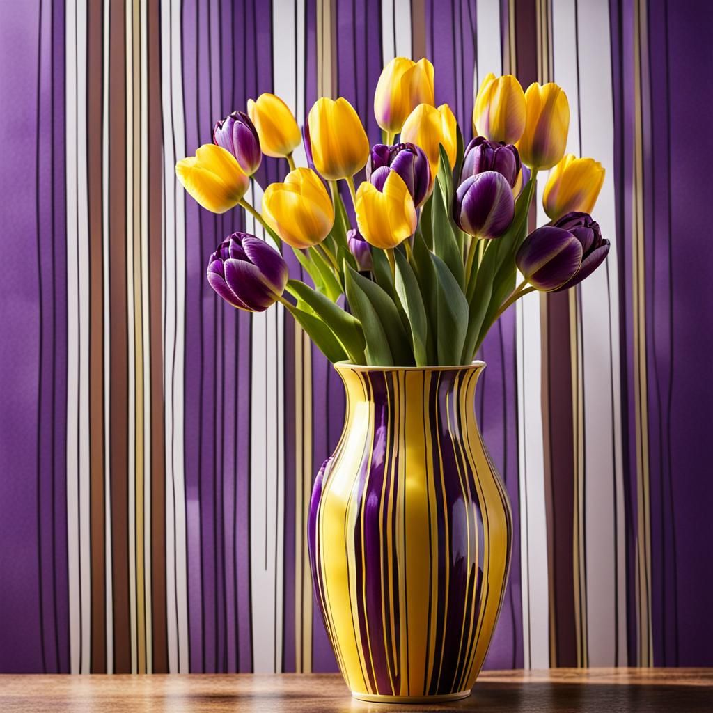 Purple Tulips in Striped Vase Photograph