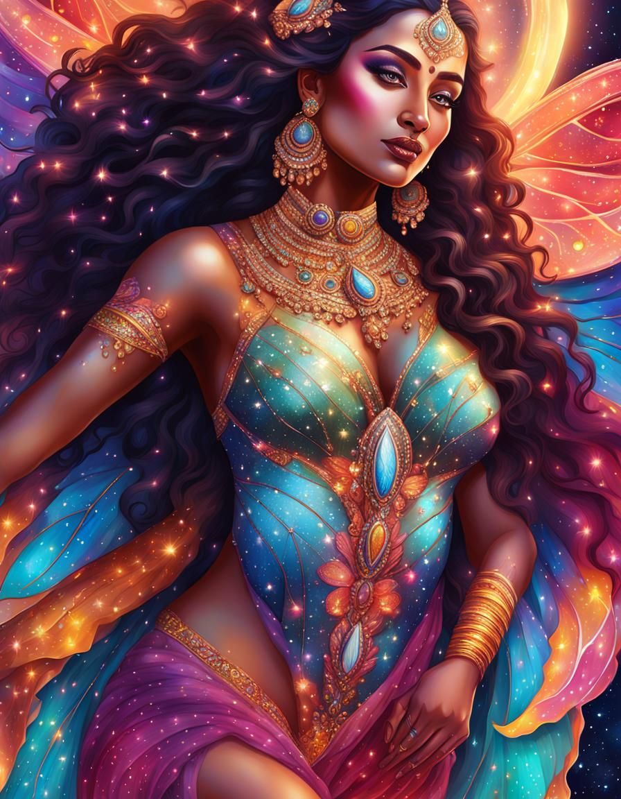 Fantasy Indian Goddess with Butterfly Wings in Astral Style