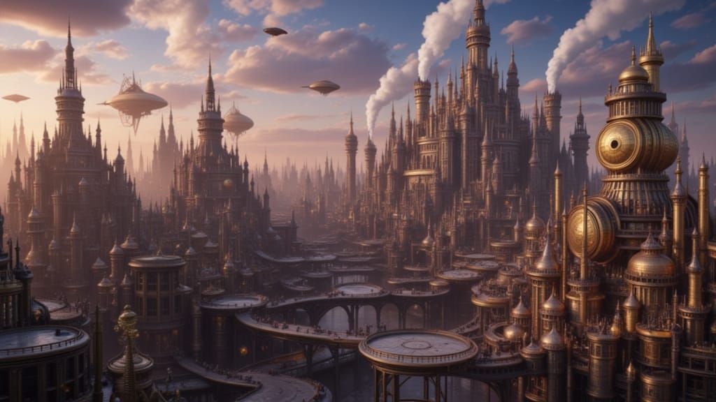 Steampunk Cityscape with Airships at Twilight