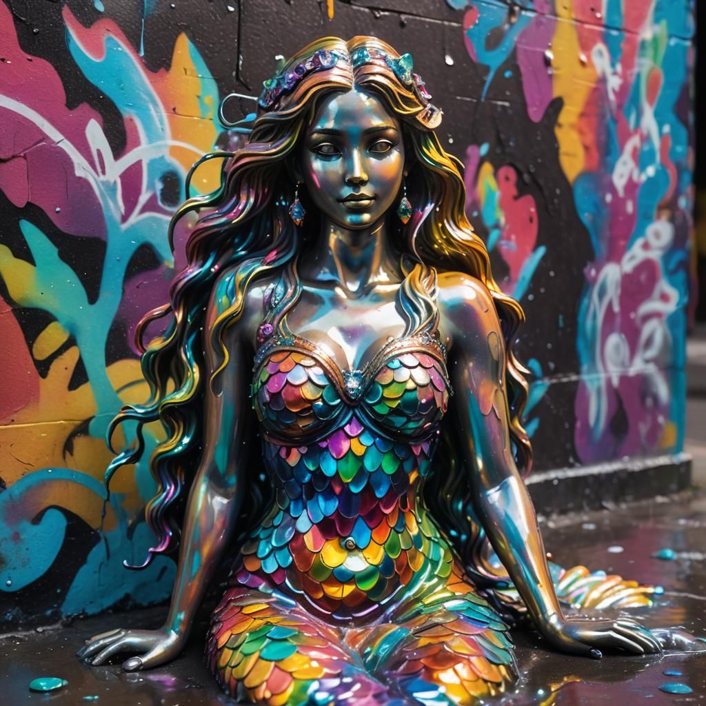 Crystal Mermaid Statue in Graffiti Art Style