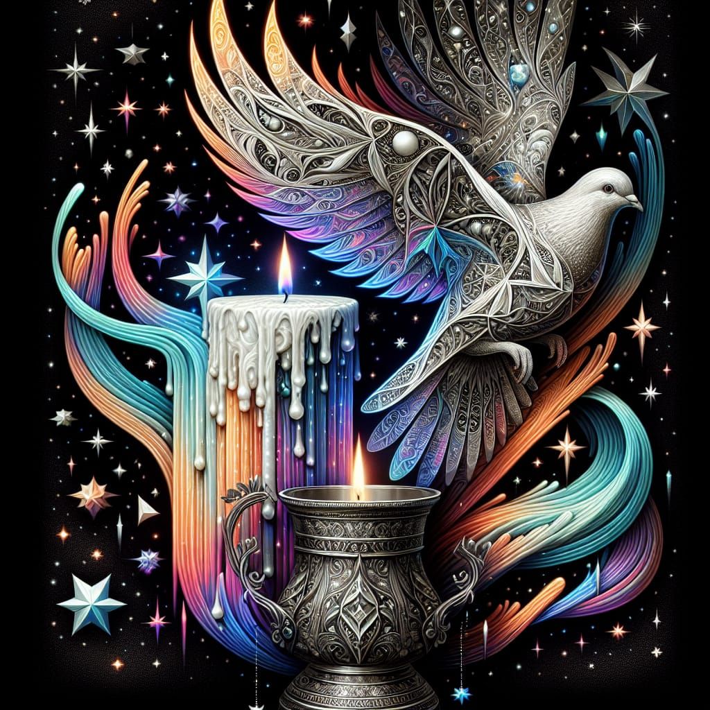 Variegated Silver Candle with Dove in Kinetic Art Style