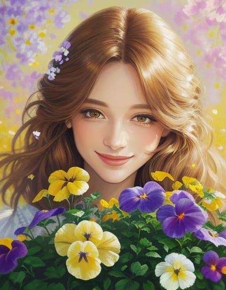 Woman Surrounded by Pansies in Impressionist Oil Painting