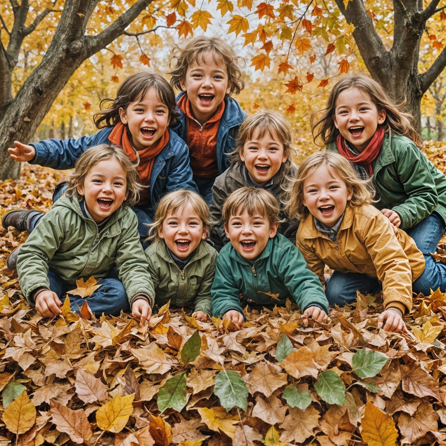 Children Playing in Leaves, Impressionistic Style