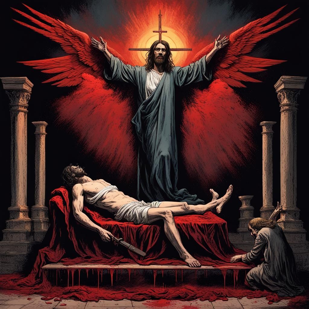 Jesus and Demon on Altar in Horror Comic Style