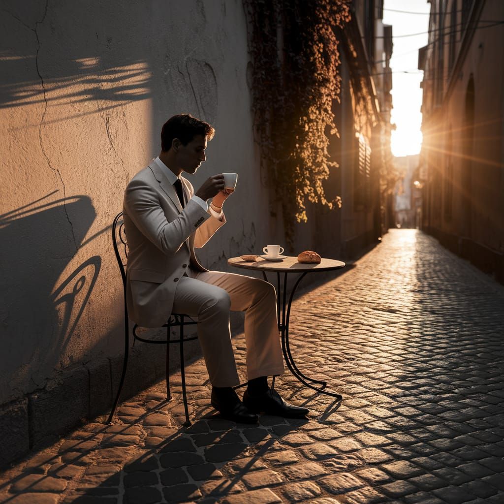 Shadowy Figure Sips Espresso in Golden Hour Sicilian Alley