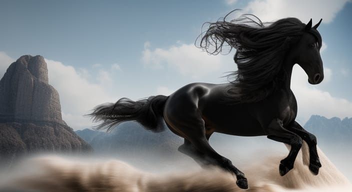 Friesian Horse Running: Realistic 8k Detailed Painting