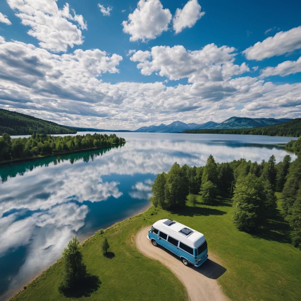 Aerial View of Camper Van by Serene Lake
