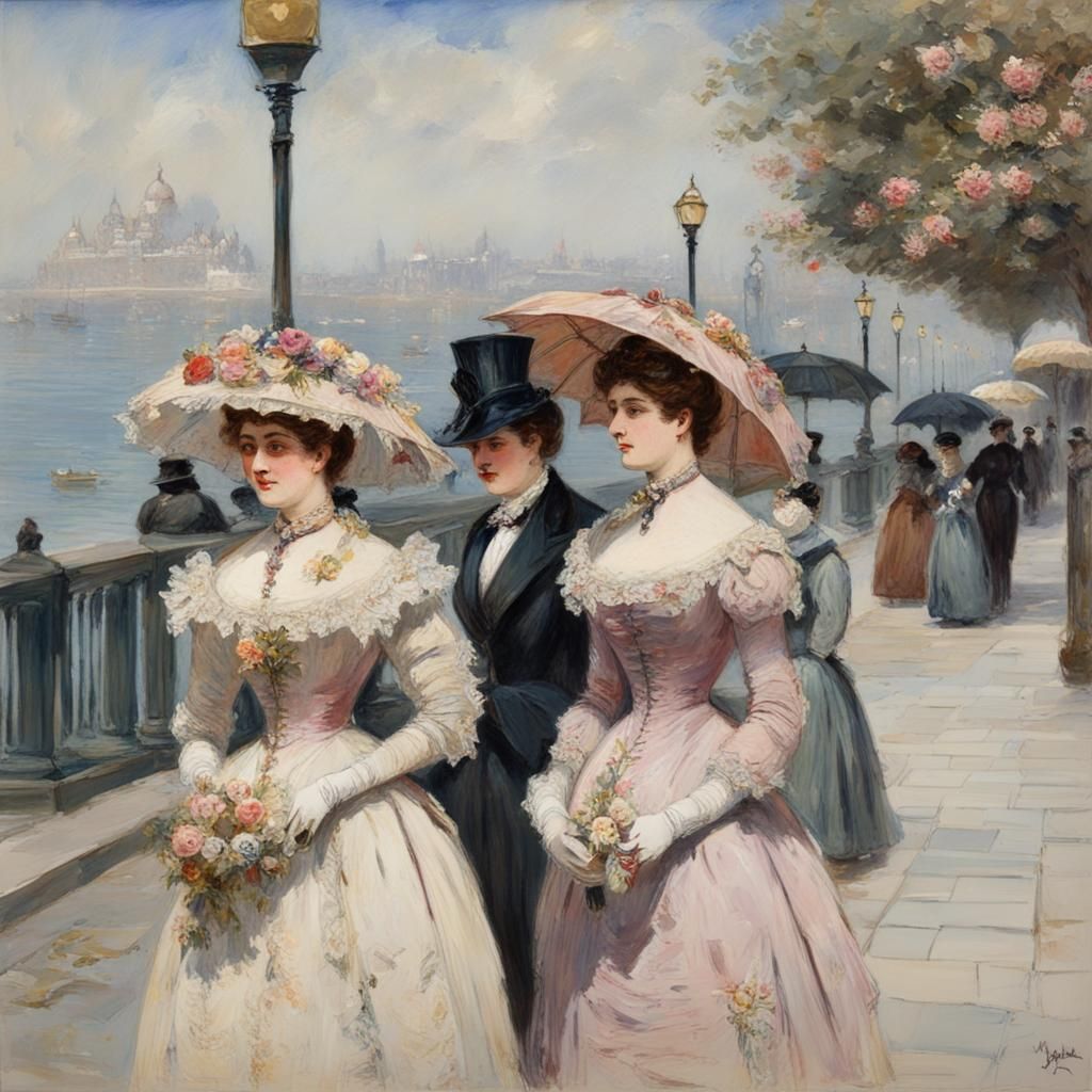 Victorian Ladies Strolling on Sunny Promenade: Gouache Water...