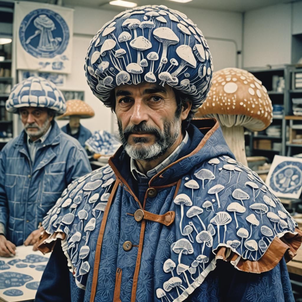 Italian Activists Tending Giant Mushrooms: Linocut Art