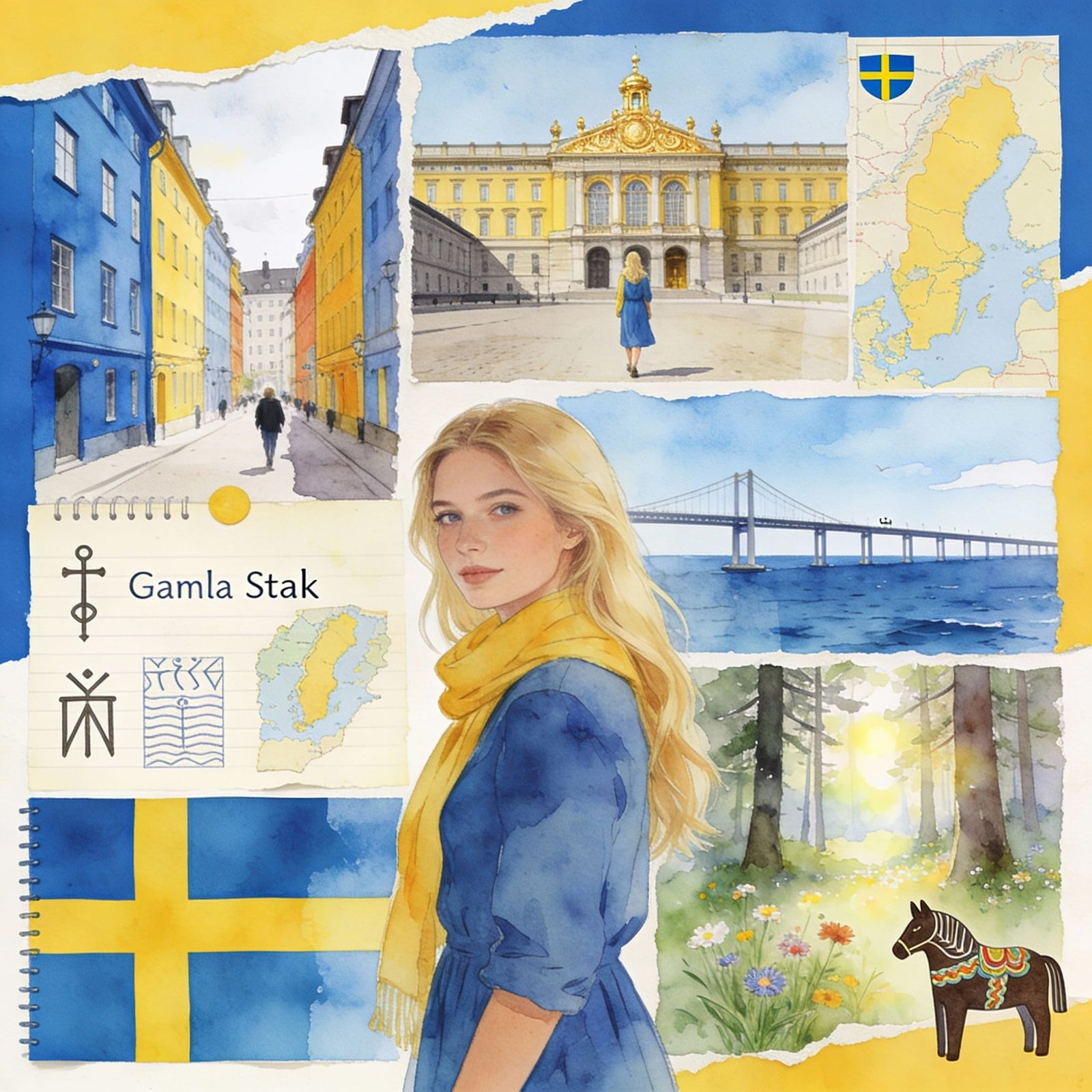 Collage of Woman Exploring Sweden in Blue and Yellow