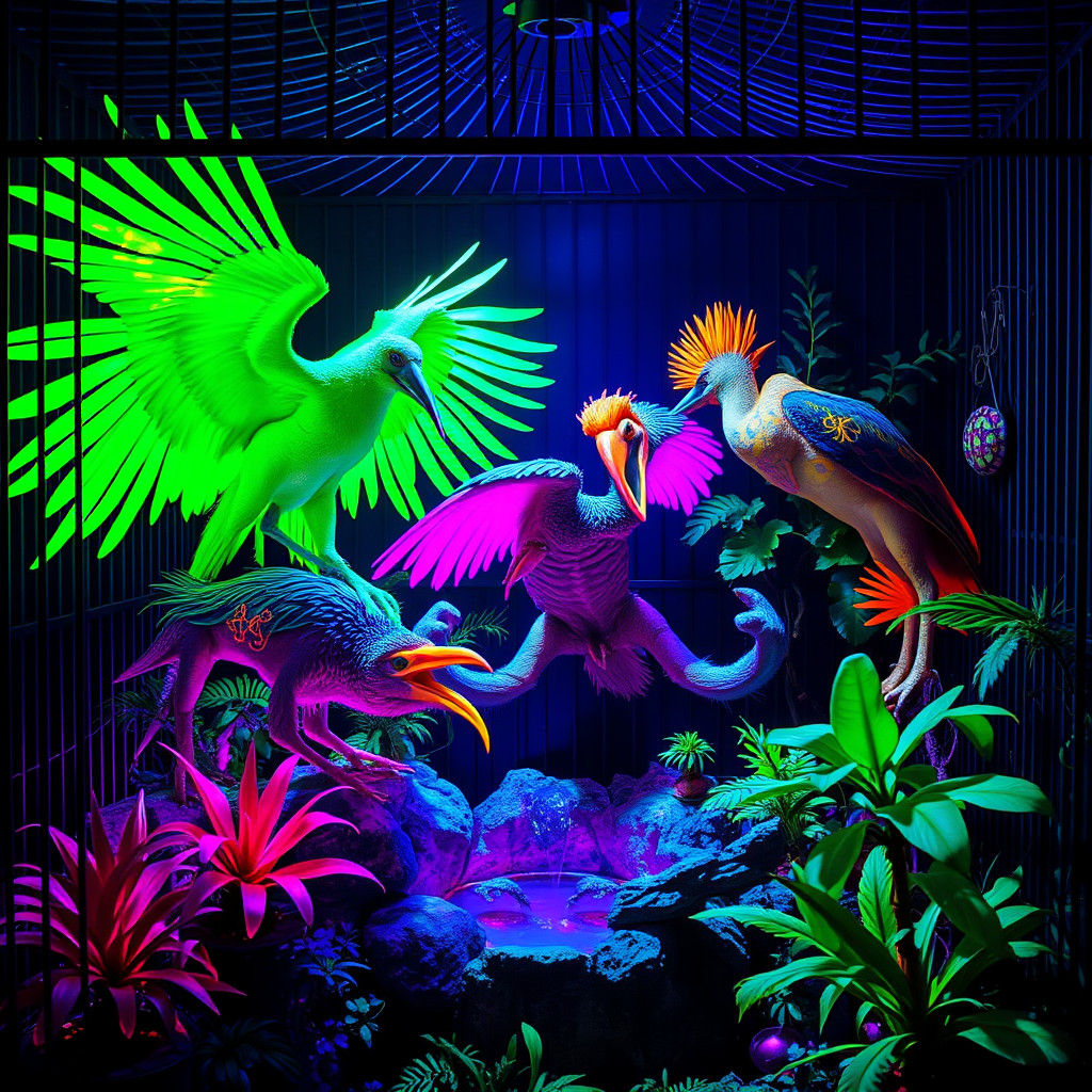 Blacklight Diorama of Hybrid Creatures in a Cage