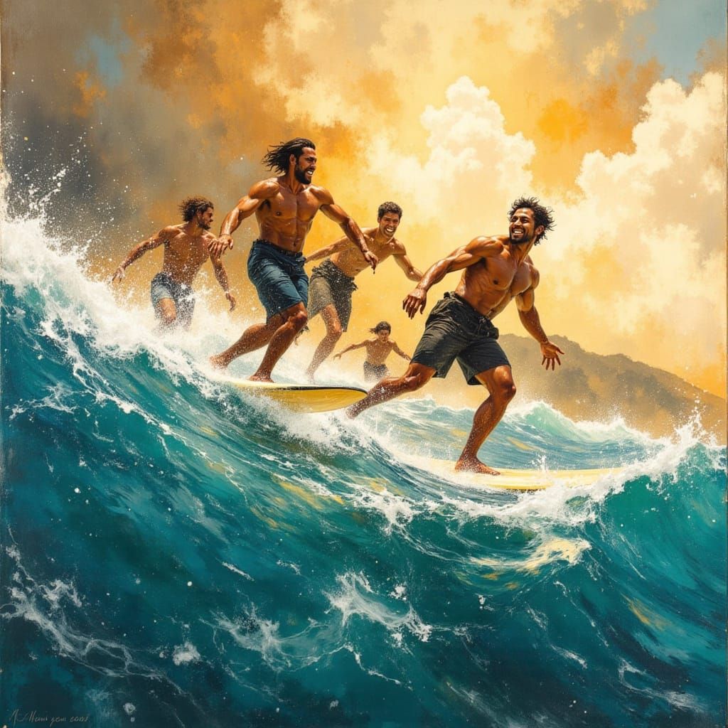 Divine Oil Painting of Samoan Surfers at Sunset