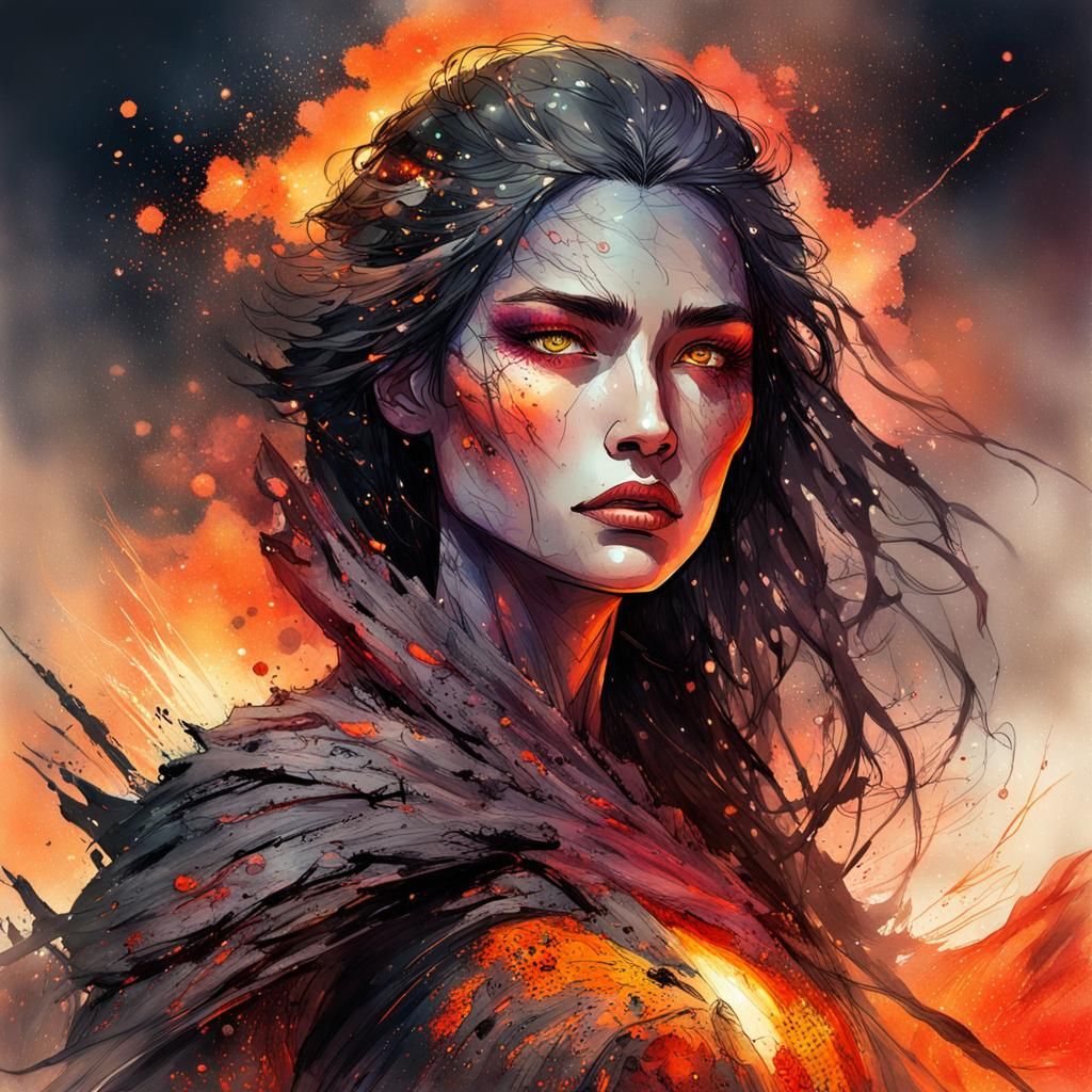 Lava Warrior Queen Digital Watercolor Fantasy