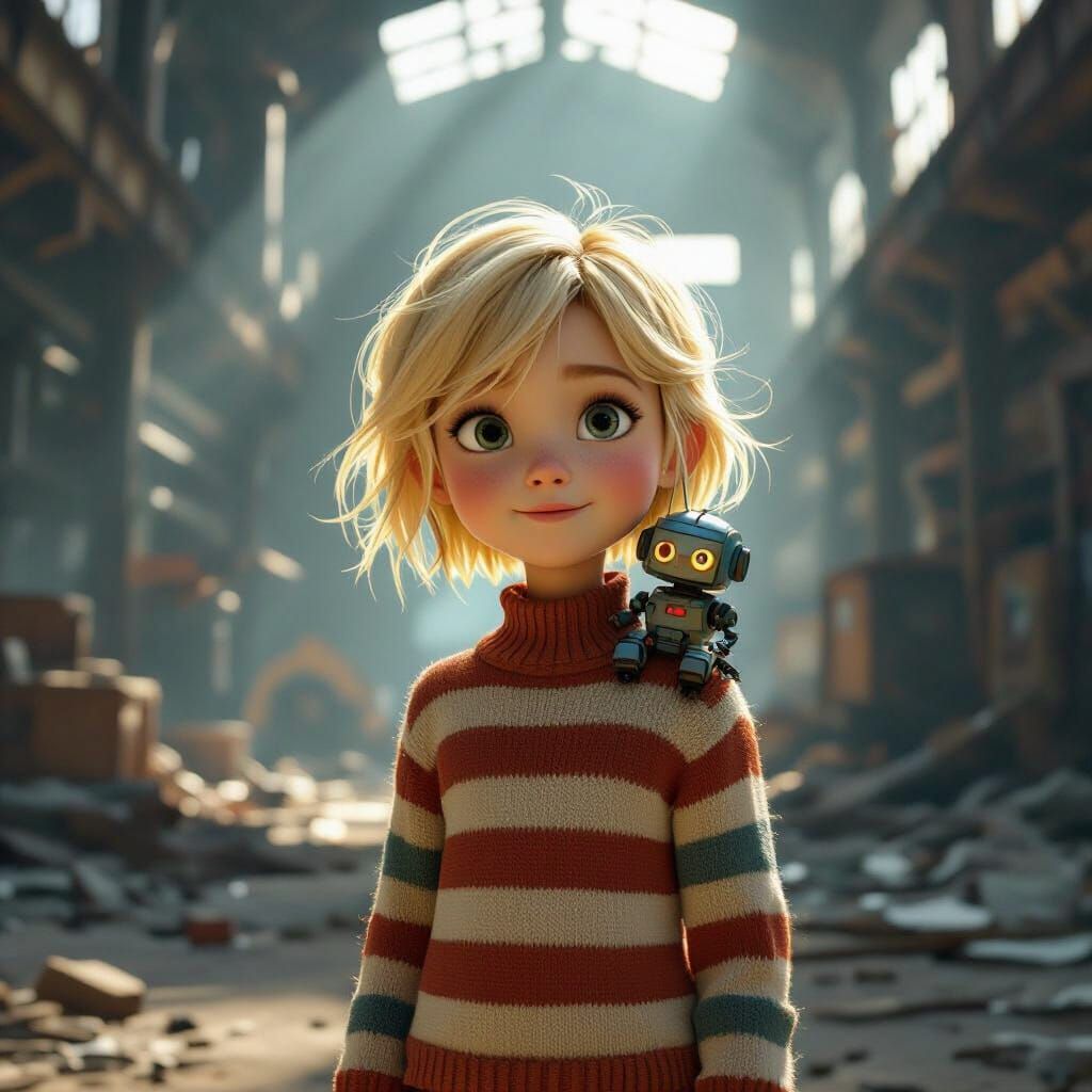 Girl and Robot in Factory, Pixar-Style 3D Rendering