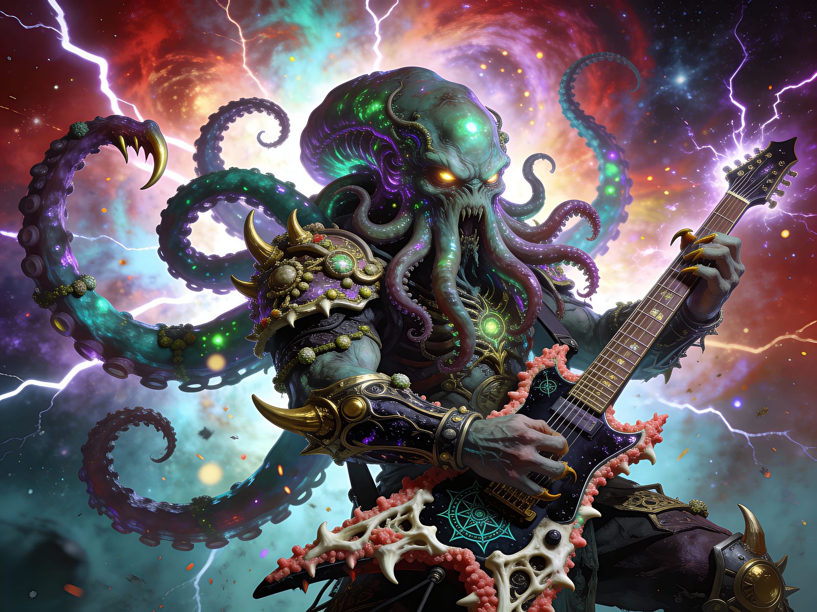 Cosmic God Monster Shreds Guitar in Triadic Color Storm