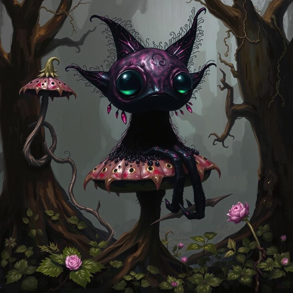 Biomechanical Black Berry Monster in Twilit Woods