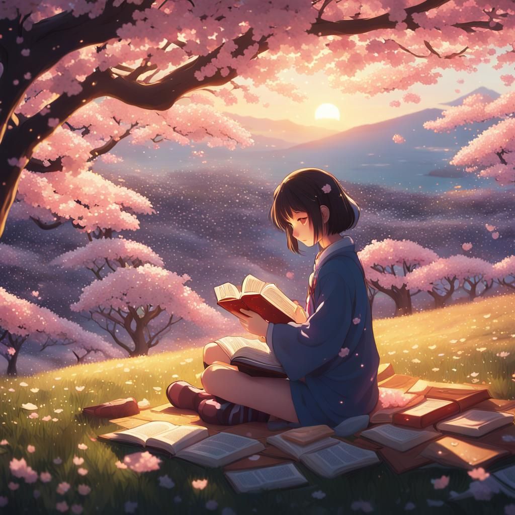 Anime Girl Reading Under Cherry Blossom Tree