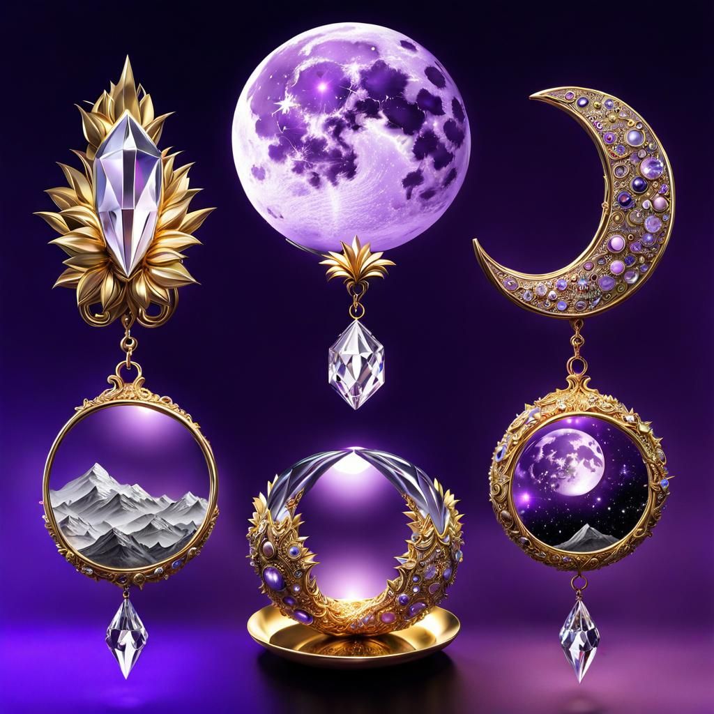 Surreal Creation of Crystal, Moon, Gold, and Silver