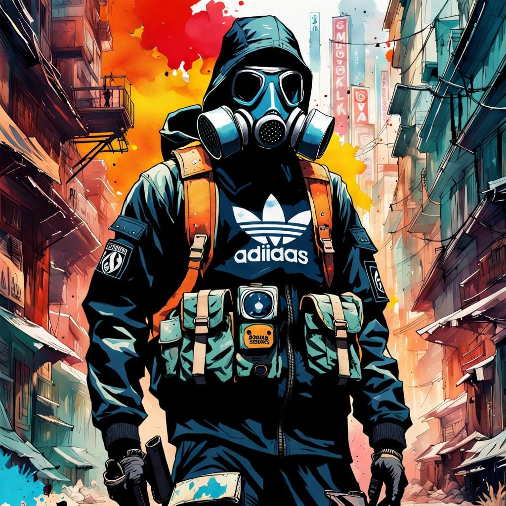 Soldier with Gas Mask in Watercolor Psychopunk Style