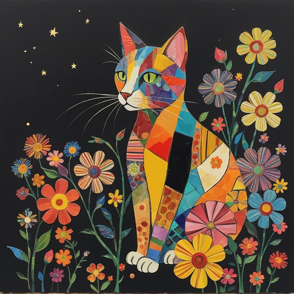 Vibrant Cubist Collage Cat in Starry Night