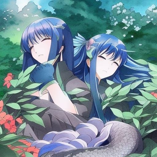 Anaconda Sleeping in Metal Garden Watercolor