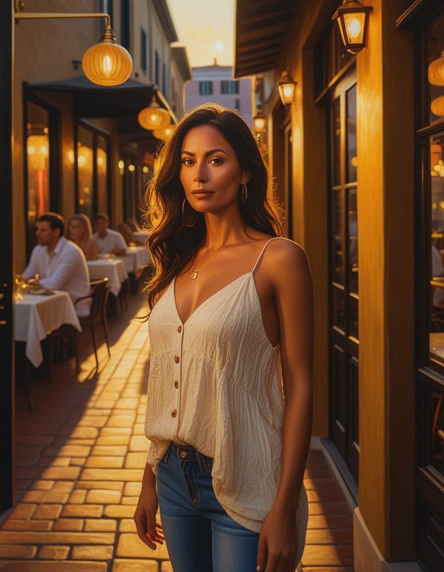 Woman Outside Restaurant in Whimsical Oil Painting