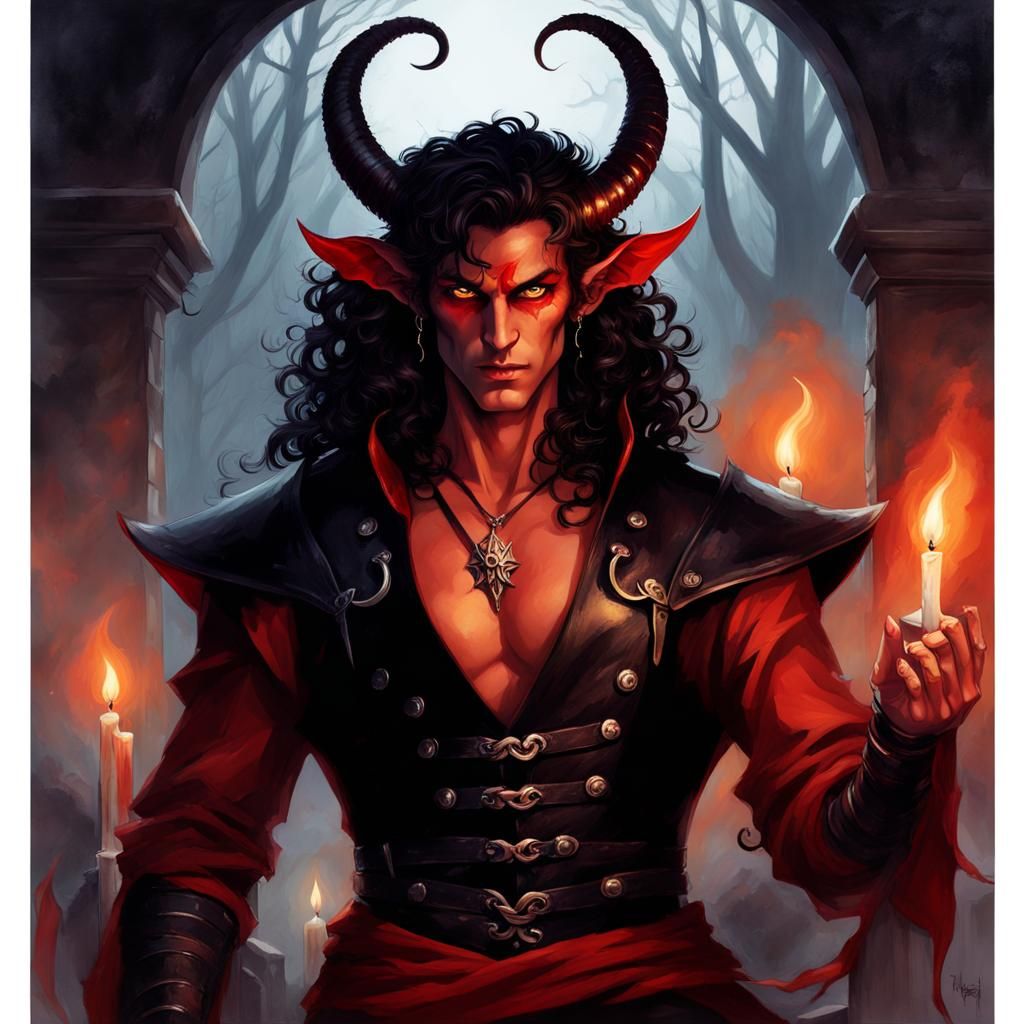 Handsome Tiefling Ritual in 90s Fantasy Art Style