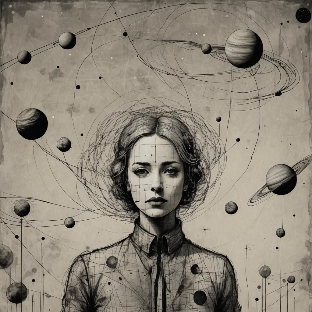 Surreal Planets in Abstract Pencil Drawing