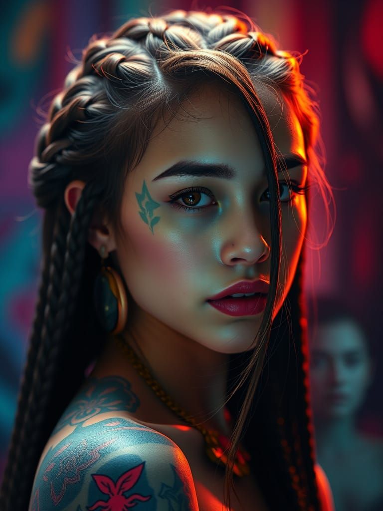 Hyperrealistic Portrait: Braided Hair, Green Tattoo