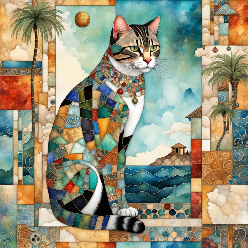 Exotic House with Cat in Art Deco Style