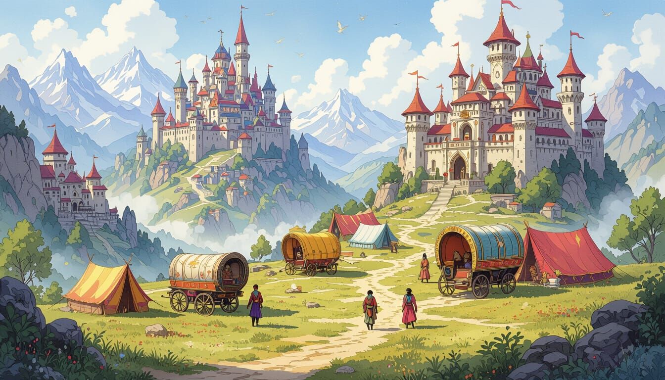 Nomadic Caravan City in High Fantasy Landscape