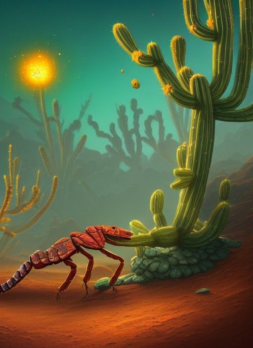 Red Desert Scorpion with Astral Cactus, Digital Illustration
