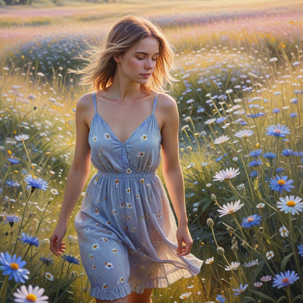 Impressionist Oil Painting of a Serene Meadow Landscape