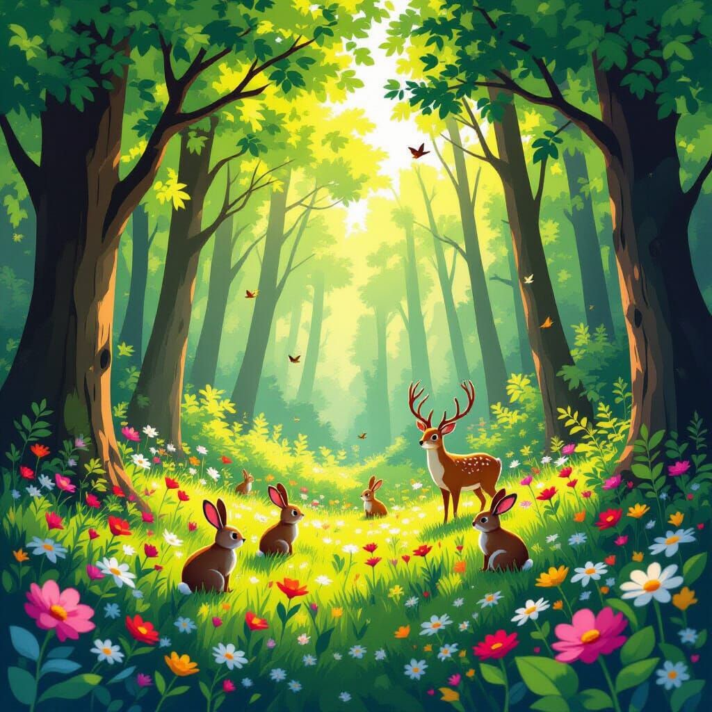 Vibrant Spring Forest Alive With Wildlife and Sunlight