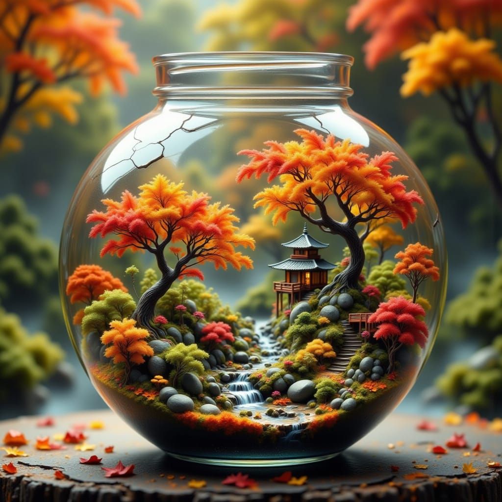 Miniature Autumn Garden Scene in Cracked Glass Jar