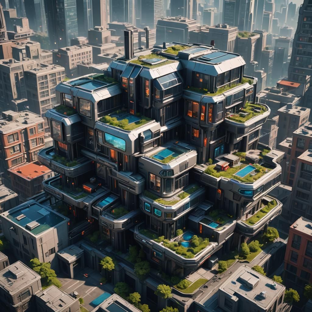 Futuristic Sci-Fi House in City: Detailed Matte Painting