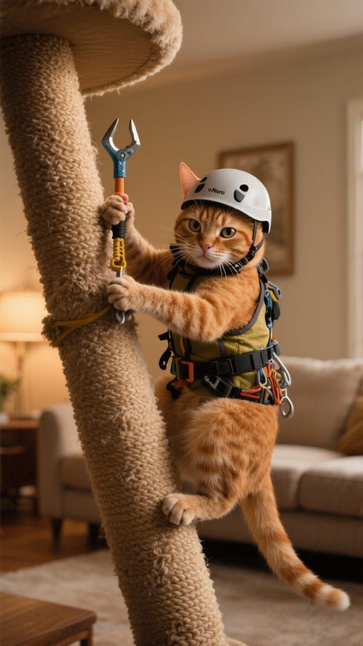 A cat with a dramatic expression, clad in mountaineering gea...