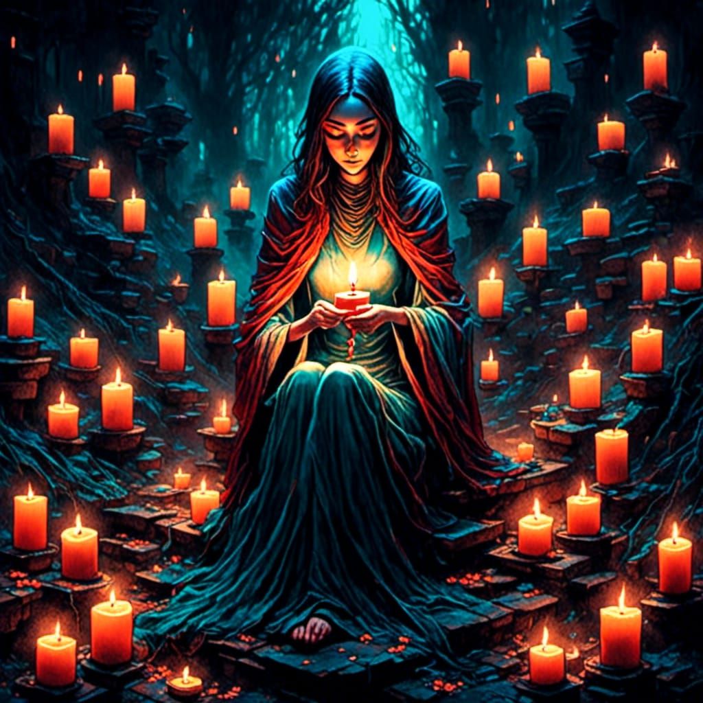Ethereal Priestess Surrounded by Candles