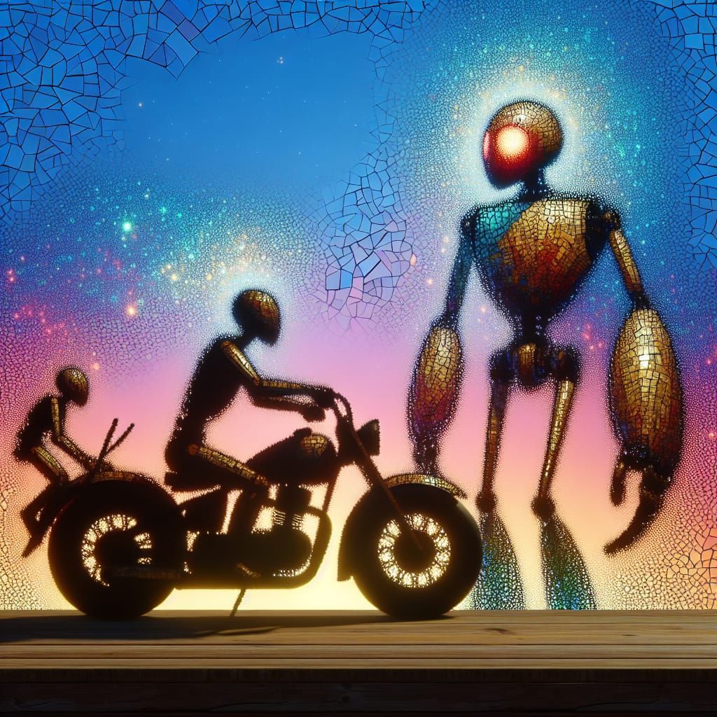 Wooden Motorcycle Statue with Robotic Anteater and Mosaic Sk...