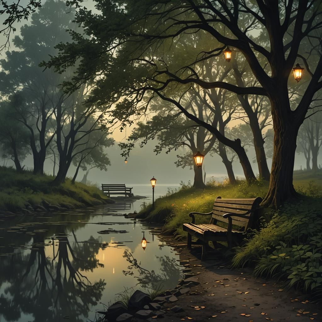 Luminous River Scene with Lonely Bench